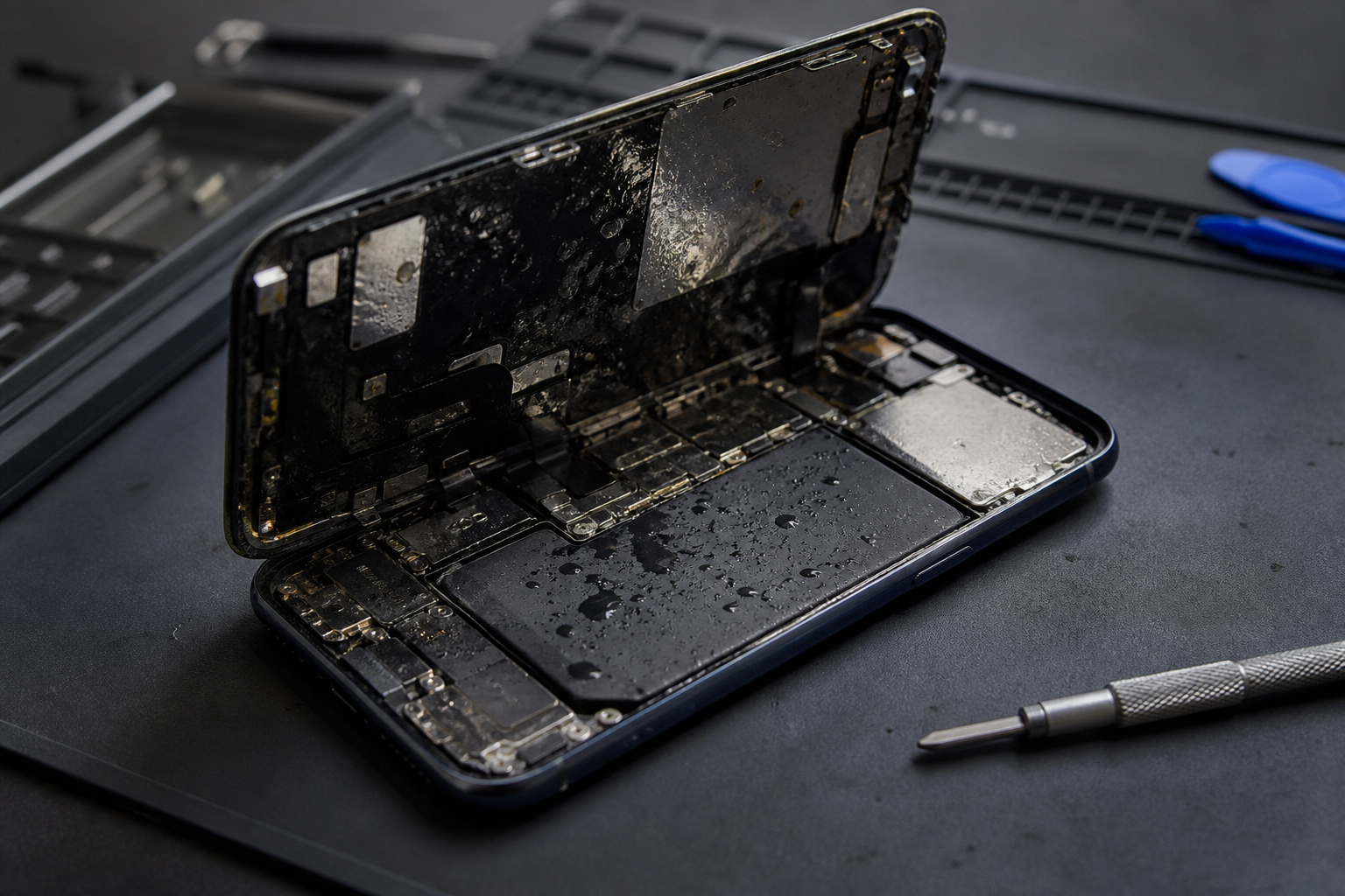 Representative service photograph of smartphone water damage inspection