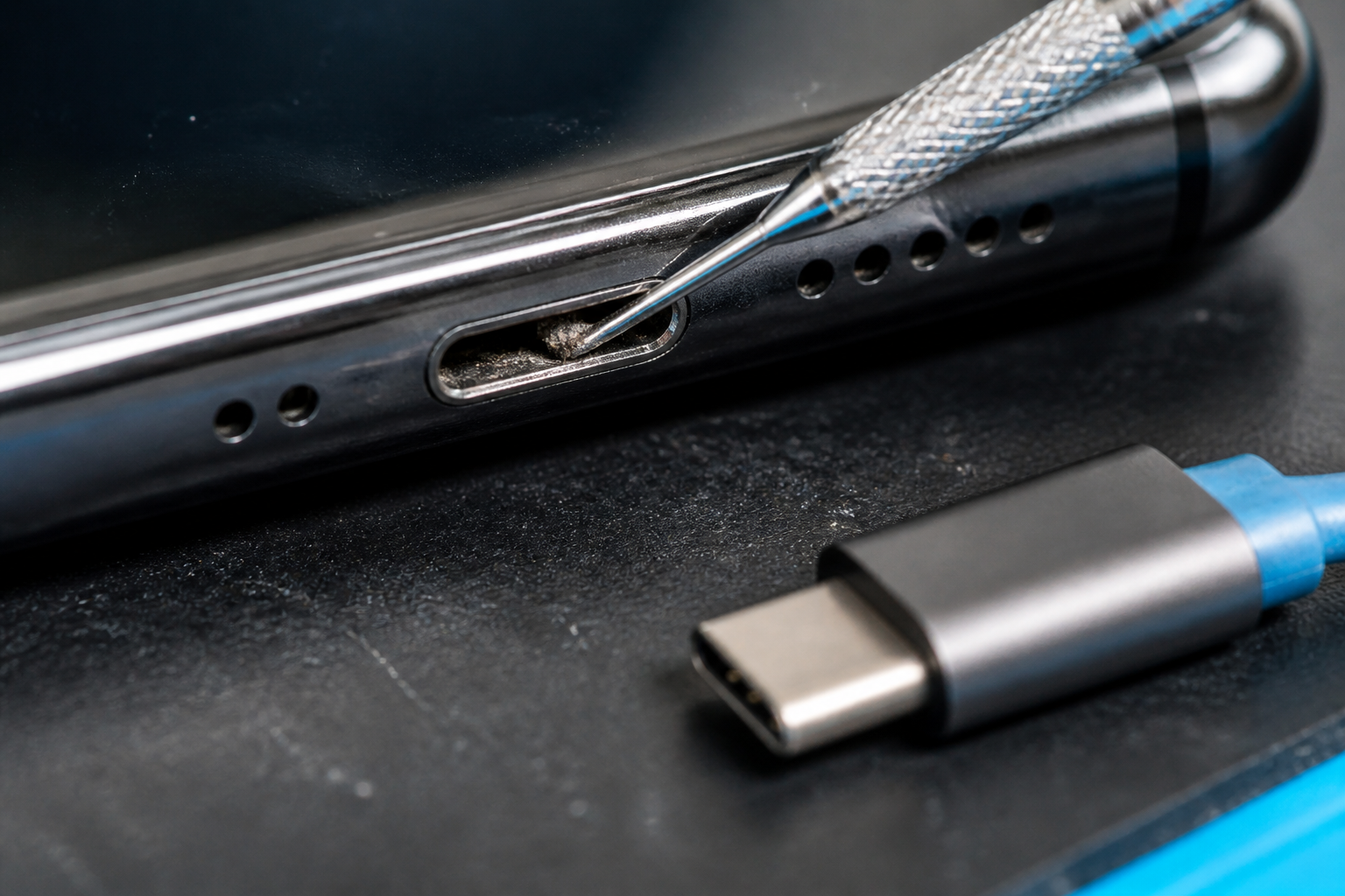Representative service photograph of smartphone charging port repair
